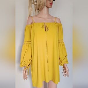 ZARA MUSTARD YELLOW FLOWY OFF SHOULDER LONG SLEEVES MINI SHIFT DRESS XS